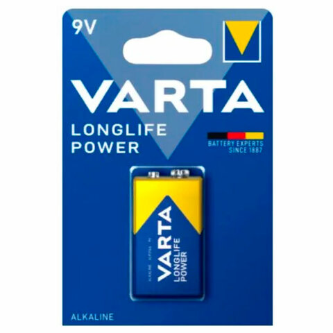 Батарейка алкалиновая 1 шт., VARTA LONGLIFE POWER, Крона 9V (6LR61, 6LF22, 1604A), 4922121411 - фото 1