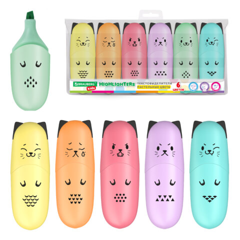 Набор текстовыделителей мини 6 ЦВЕТОВ BRAUBERG KIDS "CUTE CATS PASTEL", линия 1-5 мм, 152436 - фото 1