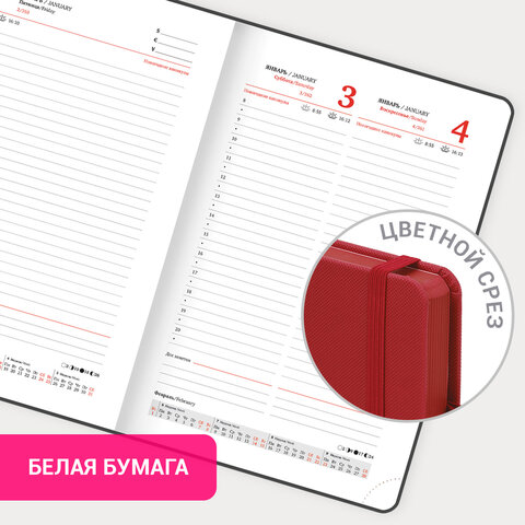 Ежедневник датированный 2026, А5, 138х213 мм, BRAUBERG "Plain", под кожу, резинка, держатель для ручки, красный, 117508 - фото 16