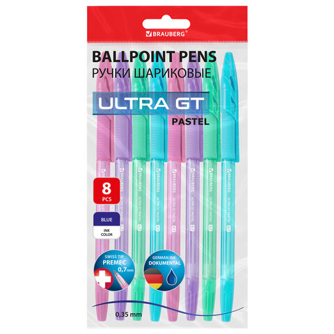 Ручки шариковые с грипом BRAUBERG "ULTRA GT PASTEL", НАБОР 8 ШТУК, СИНИЕ, узел 0,7 мм, линия 0,35 мм, 144532 - фото 1