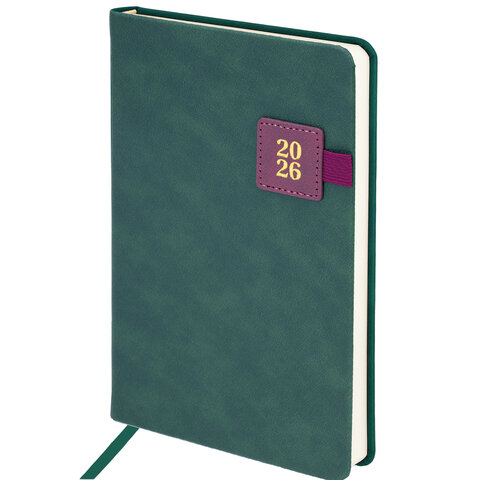 Ежедневник датированный 2026 А5 138х213 мм, BRAUBERG "Accent", под кожу, держатель, зеленый/бордо, 117387 - фото 1