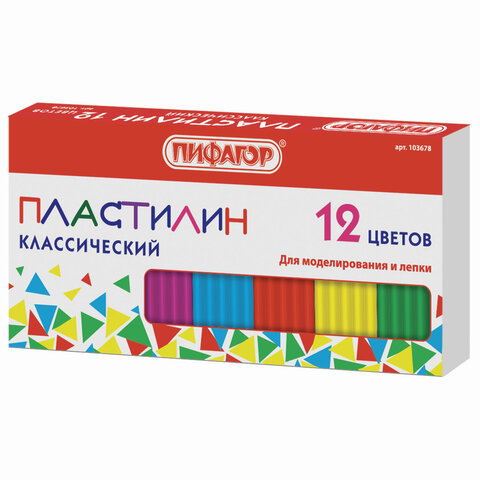 Пластилин классический ПИФАГОР, 12 цветов, 120 г, картонная упаковка, 103678 - фото 1