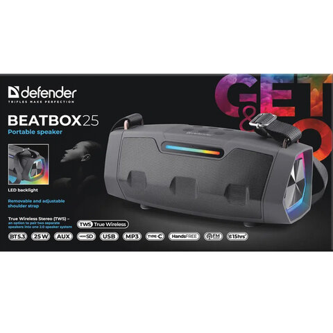 Колонка портативная DEFENDER Beatbox 25, 25 Вт, 3000 мАч, Bluetooth, FM, Type-C, черная, 65325 - фото 4