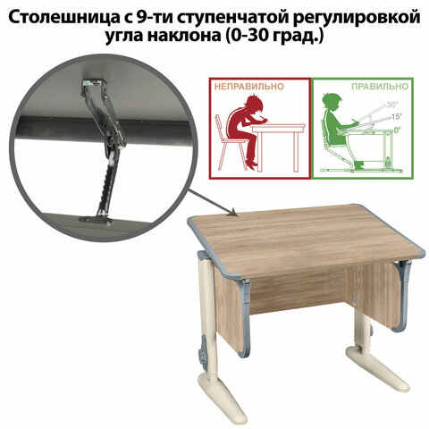 Стол-парта регулируемый "ДЭМИ" СУТ.41, 750х550х530-815 мм, бежевый каркас, пластик серый, дуб сонома (КОМПЛЕКТ) - фото 4