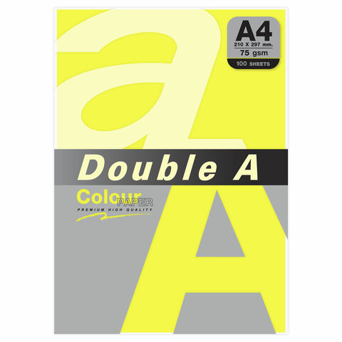 Бумага цветная DOUBLE A, А4, 75 г/м2, 100 л., неон, желтая - фото 1
