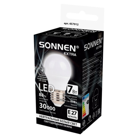 Лампа светодиодная SONNEN EXTRA, 7 (60) Вт, E27, шар, нейтральный белый, 30000 ч, LED G45-7W-4000-Е27, 457912 - фото 3