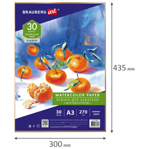Бумага для акварели А3, 30 л., 270 г/м2, мелкое зерно, в коробке, BRAUBERG ART CLASSIC, "Мандарины", 114402 - фото 2