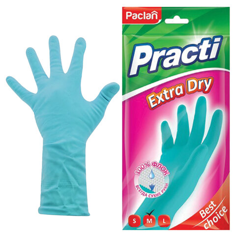 Перчатки МНОГОРАЗОВЫЕ резиновые PACLAN "Extra Dry", хлопчатобумажное напыление, 100% флок, размер 7,5-8, M (средний), синие, вес 52 г, 7340, 407340 - фото 1