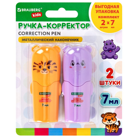 Ручка-корректор 7 мл, ВЫГОДНАЯ УПАКОВКА, КОМПЛЕКТ 2 штуки, BRAUBERG KIDS "ЗВЕРЯТА", металлический наконечник, 274230 - фото 4