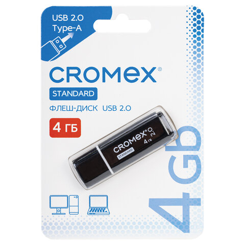 Флеш-диск 4 GB, CROMEX (КРОМЕКС) Standard USB 2.0, черный, 514156 - фото 1