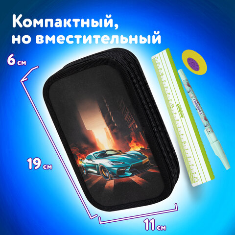 Пенал ЮНЛАНДИЯ, 3 отделения, картон с эффектом soft-touch, 19х11 см, "Fire car", 272267 - фото 11
