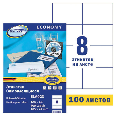 Этикетка самоклеящаяся 105х74 мм, 8 этикеток, белая, 70 г/м2, 100 л., Avery, Европа-100, ELA023 - фото 1