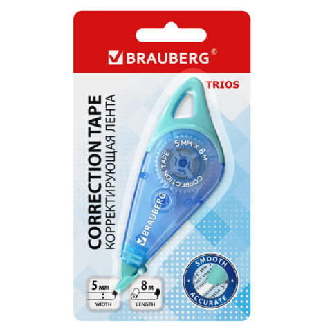 Корректирующая лента BRAUBERG "TRIOS", 5 мм х 8 м, корпус мятно-голубой с подвесом, блистер, 273023 - фото 2