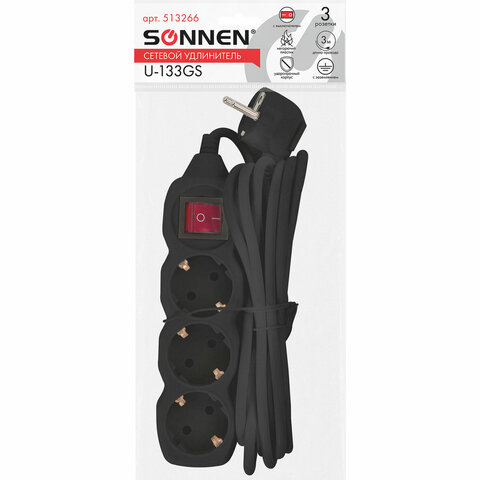 Удлинитель сетевой SONNEN U-133GS, 3 розетки, c заземлением, выключатель, 10 А, 3 м, черный, 513266 - фото 1