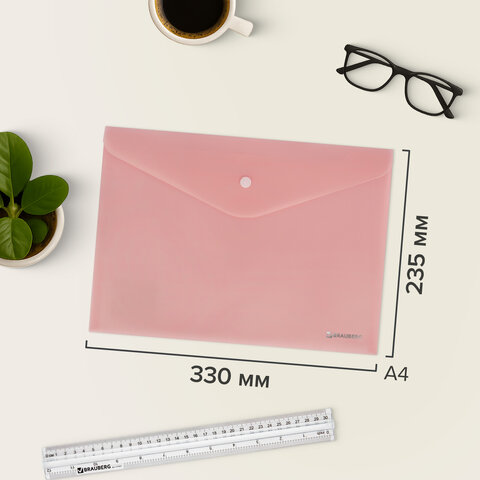 Папка-конверт с кнопкой А4, КОМПЛЕКТ 5 шт., пастельные цвета ассорти, BRAUBERG "PASTEL", 0,18 мм, 272866 - фото 13