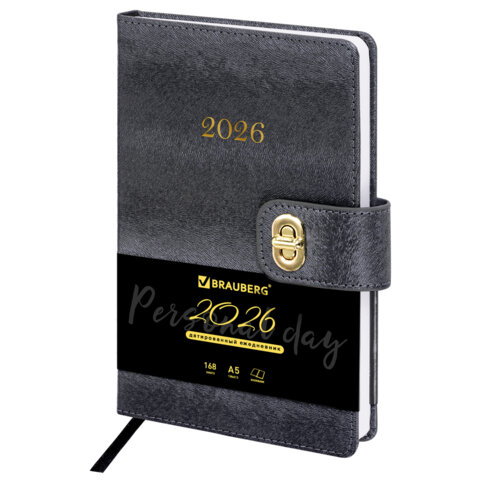 Ежедневник датированный 2026 А5 138х213 мм, BRAUBERG "Elegant", под кожу, застежка, черный, 117368 - фото 1