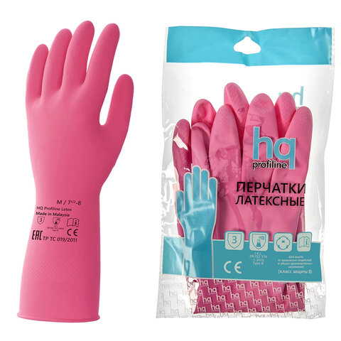 Перчатки латексные КЩС, сверхпрочные, плотные, хлопковое напыление, размер 7,5-8, M (средний), красные, HQ Profiline, 73582 - фото 1