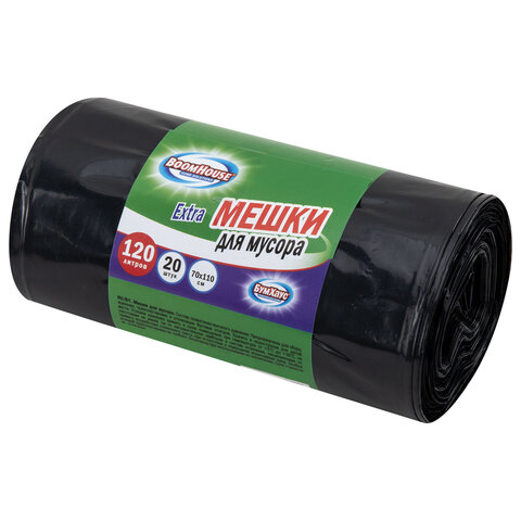 Мешки для мусора 120 л, черные в рулоне 20 штук прочные, ПВД 35 мкм, 70x110 см, серия Extra, BOOMHOUSE (БУМХАУС), 702662 - фото 1
