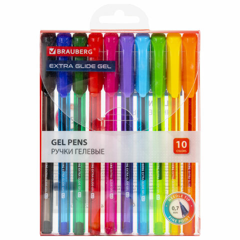 Ручки гелевые BRAUBERG "Extra Glide Gel", НАБОР 10 ЦВЕТОВ, трехгранные, игольчатый наконечник 0,7 мм, линия 0,5 мм, 144079 - фото 1