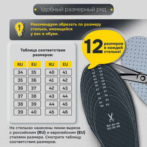 Стельки для обуви с АКТИВИРОВАННЫМ УГЛЕМ, УНИВЕРСАЛЬНЫЙ размер RU 34-45 / EU 35-46, с линиями выреза, SHEGRA (ШЕГРА), 700731 - фото 15