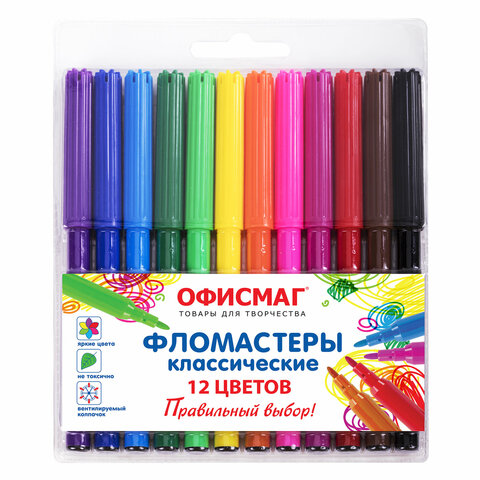 Фломастеры ОФИСМАГ 12 цветов, КЛАССИЧЕСКИЕ, вентилируемый колпачок, ПВХ упаковка, 152500 - фото 1