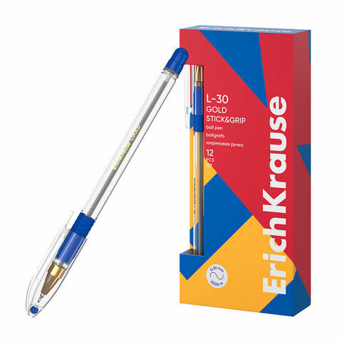 Ручка шариковая масляная с грипом ERICH KRAUSE "L-30" Gold Stick&Grip, СИНЯЯ, 0,7 мм, линия 0,26 мм, 61041 - фото 1