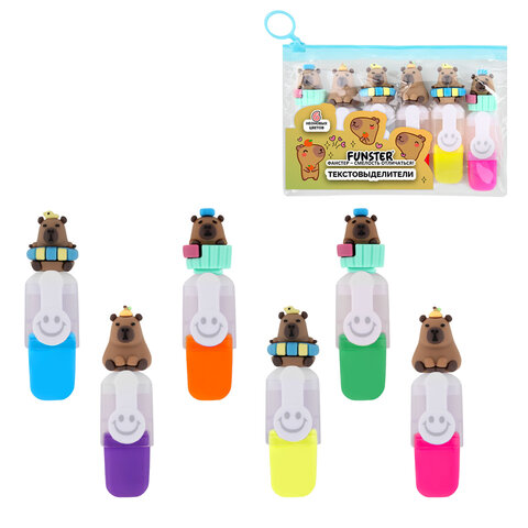 Набор текстовыделителей с топперами 6 ЦВЕТОВ НЕОН, "КАПИБАРЫ", линия 1-4 мм, FUNSTER (ФАНСТЕР), 152646 - фото 1