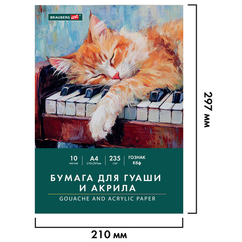 Бумага для гуаши и акрила А4 10 л., 235 г/м2, 210х297 мм, в папке, BRAUBERG ART CLASSIC, "Кот-музыкант", 117731 - фото 2