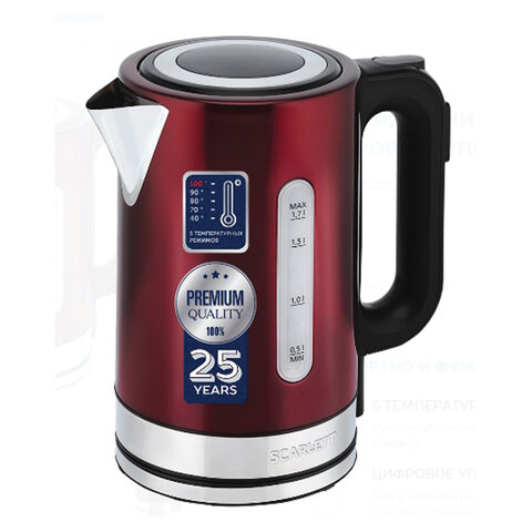 Чайник SCARLETT SC-EK21S78, 1,7 л, 2200 Вт, закрытый нагревательный элемент, ТЕРМОРЕГУЛЯТОР, сталь, бордовый - фото 1