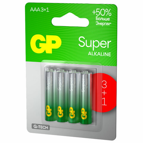 Батарейки КОМПЛЕКТ 4 шт., GP Super, AAA (LR03,24А), алкалиновые, мизинчиковые, ПРОМО 3+1, 24A3/1-2CR4 - фото 3