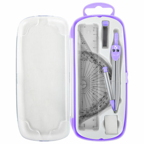 Готовальня BRAUBERG SCHOOL KIT, 9 предметов, циркуль 125 мм, чертежные принадлежности, лаванда, 210713 - фото 4