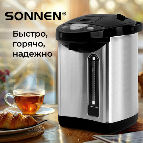 Термопот SONNEN TP-38, 4 л, 900 Вт, 1 температурный режим, 3 режима подачи воды, сталь, черный/серебро, 456710 - фото 19