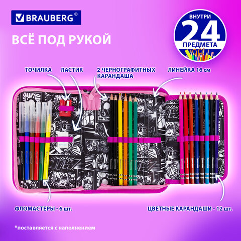 Пенал BRAUBERG с наполнением, 1 отделение, 1 откидная планка, 24 предмета, 21х14 см, "Anime movie", 272349 - фото 10