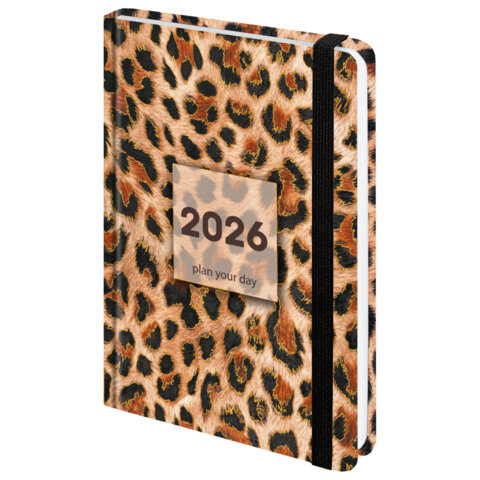 Ежедневник датированный 2026 с резинкой 145х203 мм, А5, BRAUBERG, твердый, фольга, "Леопард", 117334 - фото 1