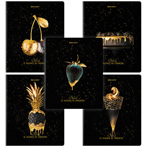 Тетрадь А5, 48 л., BRAUBERG, скоба, клетка, матовая ламинация, фольга, "Black&Gold" (микс в спайке), 404370 - фото 1