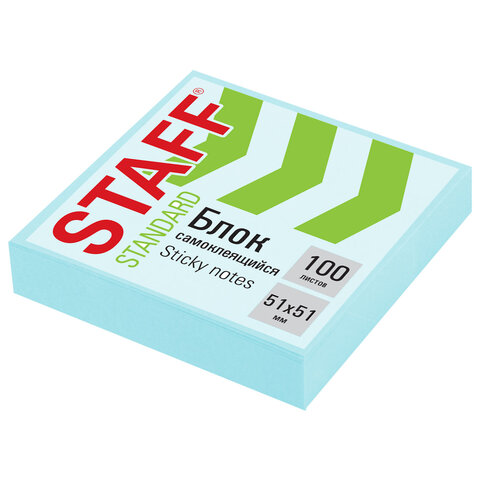 Блок самоклеящийся (стикеры) STAFF STANDARD, ПАСТЕЛЬНЫЙ 51х51 мм, голубой, 100 листов, 116578 - фото 1