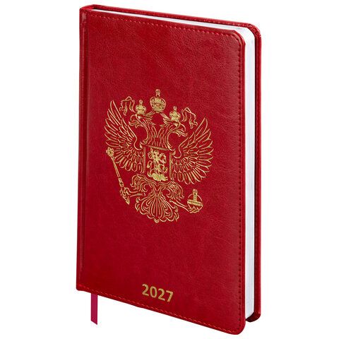Ежедневник датированный 2027, А5, 138х213 мм, BRAUBERG "State", под кожу, красный, 118042 - фото 1