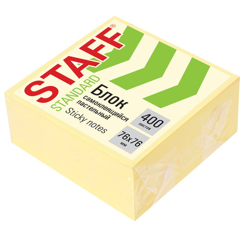 Блок самоклеящийся (стикеры) STAFF STANDARD, ПАСТЕЛЬНЫЙ 76х76 мм, желтый, 400 листов, 116586 - фото 1