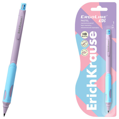 Карандаш механический 2 мм, ERICH KRAUSE "ErgoLine Kids Pastel", HB, с точилкой, блистер, 63834 - фото 1