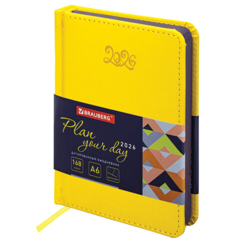 Ежедневник датированный 2026, МАЛЫЙ ФОРМАТ 100х150 мм, А6, BRAUBERG "Rainbow", под кожу, желтый, 117258 - фото 1