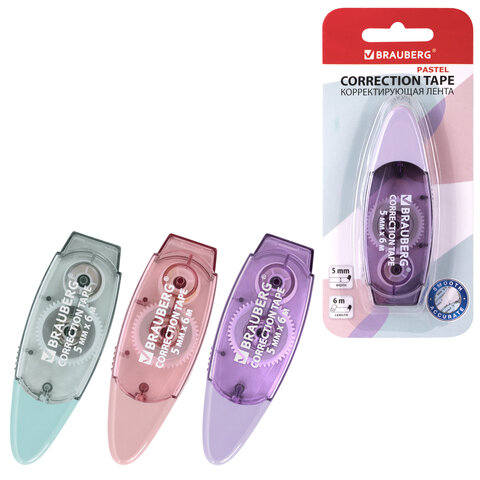 Корректирующая лента BRAUBERG PASTEL, 5 мм х 6 м, ассорти, блистер, 272666 - фото 1