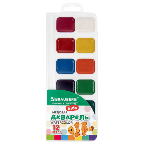 Краски акварельные BRAUBERG KIDS NEW, медовые, 12 цветов, квадратные кюветы, пластиковый пенал с европодвесом, 192796 - фото 1