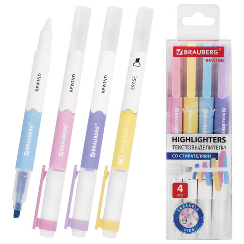 Набор текстовыделителей СТИРАЕМЫХ 4 ЦВЕТА, BRAUBERG "REWIND", двусторонние со стирателем, линия письма 1-4 мм, 152510 - фото 1