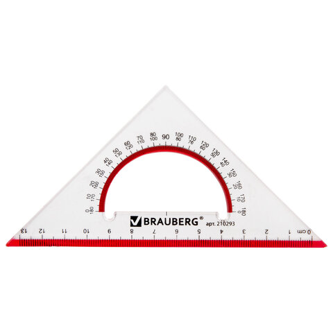 Треугольник пластиковый, угол 45, 13 см, BRAUBERG "Crystal", с транспортиром, прозрачный, с выделенной шкалой, 210293 - фото 1