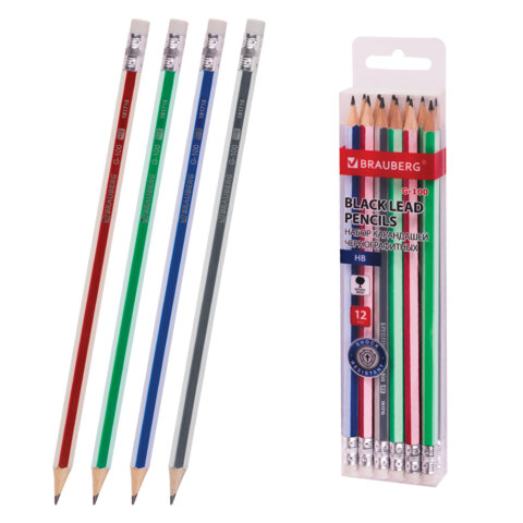 Набор карандашей чернографитных BRAUBERG "G-100" 12 шт., HB, с ластиком, корпус ассорти, 181716 - фото 1