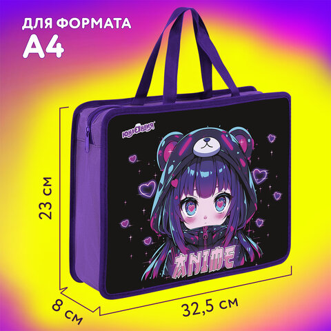 Папка на молнии с ручками ЮНЛАНДИЯ А4, 1 отделение, пластик, 80 мм, "Anime fan", 273362 - фото 9