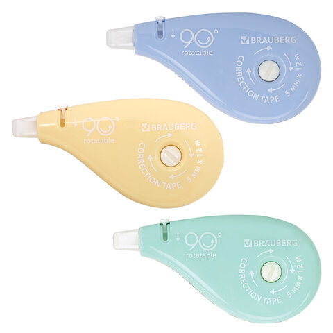 Корректирующая лента BRAUBERG PASTEL 5 мм х 12 м, вращающийся наконечник 90°, ВЫГОДНАЯ УПАКОВКА 3 штуки в блистере,механизм перемотки,272489 - фото 1