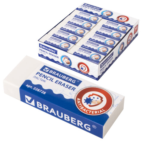 Ластик BRAUBERG "АНТИБАКТЕРИАЛЬНЫЙ", 58х22х12 мм, белый, прямоугольный, картонный держатель, 228728 - фото 1