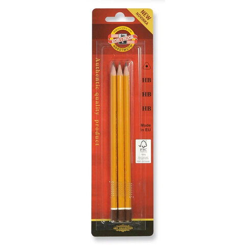 Карандаши чернографитные KOH-I-NOOR "1580", НАБОР 3 шт., HB, без резинки, заточенные, блистер, 15800HB001BL - фото 1