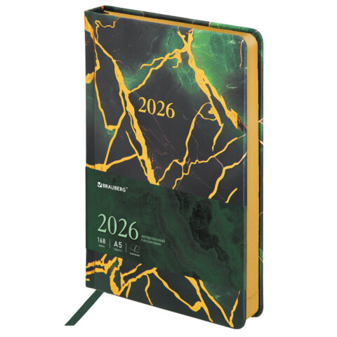 Ежедневник датированный 2026 А5 138x213 мм, BRAUBERG "Vista", под кожу, твердый, "Green marble", 117456 - фото 1